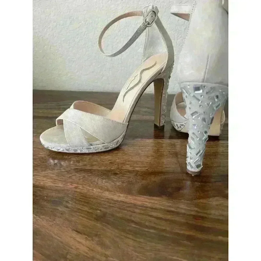 NINA FEYRA Women's Champagne glam heels open strappy Size 8, In Box 4